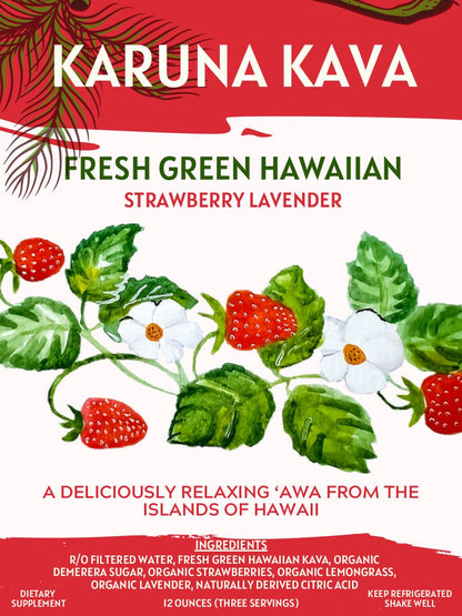 Karuna Kava Fresh Green Hawaiian Strawberry Lavender product packaging with botanical illustrations and red background.